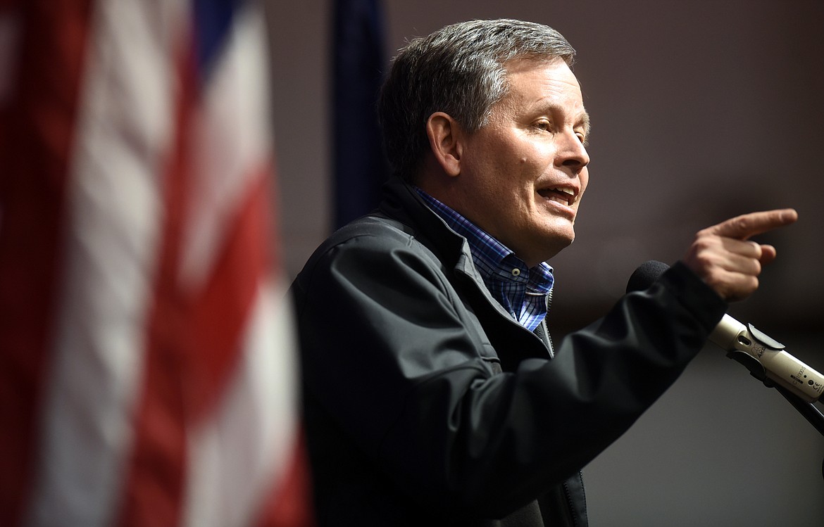 Senator Steve Daines speaking at a Greg Gianforte campaign event featuring Donald Trump Jr., on Friday, April 21.(Brenda Ahearn/Daily Inter Lake)