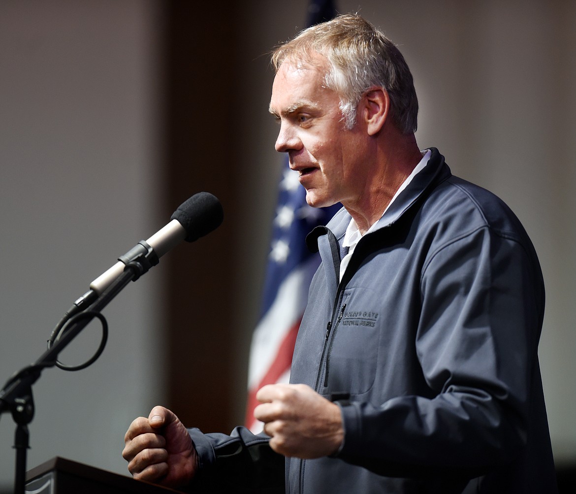 Secretary Ryan Zinke speaking at a Greg Gianforte campaign event featuring Donald Trump Jr., on Friday, April 21.(Brenda Ahearn/Daily Inter Lake)