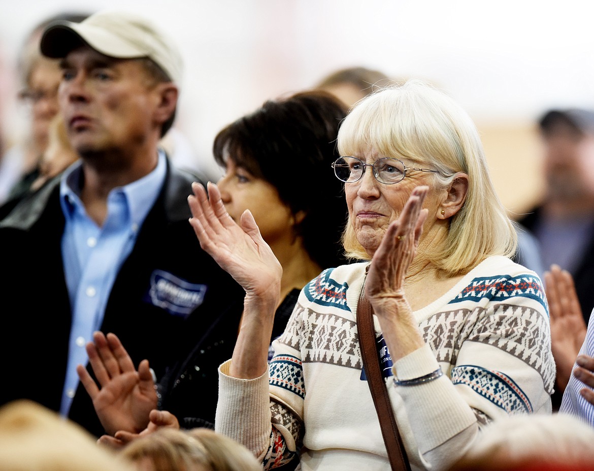 Attendees at a Greg Gianforte campaign event cheer as Donald Trump Jr., takes the stage on Friday, April 21, in Kalispell.(Brenda Ahearn/Daily Inter Lake)