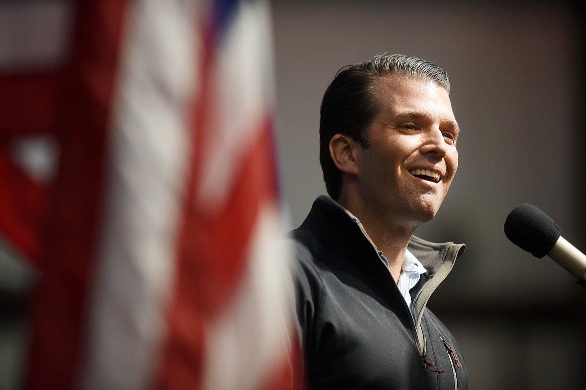 Donald Trump Jr., speaking before more than 400 attendees at a campaign event for Republican candidate for the U.S. Congress Greg Gianforte on Friday, April 21, at the Eagle hangar at Glacier Park International Airport north of Kalispell.
(Brenda Ahearn/Daily Inter Lake)