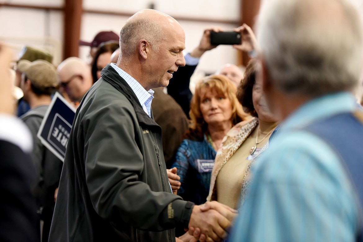 Greg Gianforte shakes hands with supporters at an event on Friday, April 21, at the Eagle hangar at Glacier Park International Airport north of Kalispell.
(Brenda Ahearn/Daily Inter Lake)
