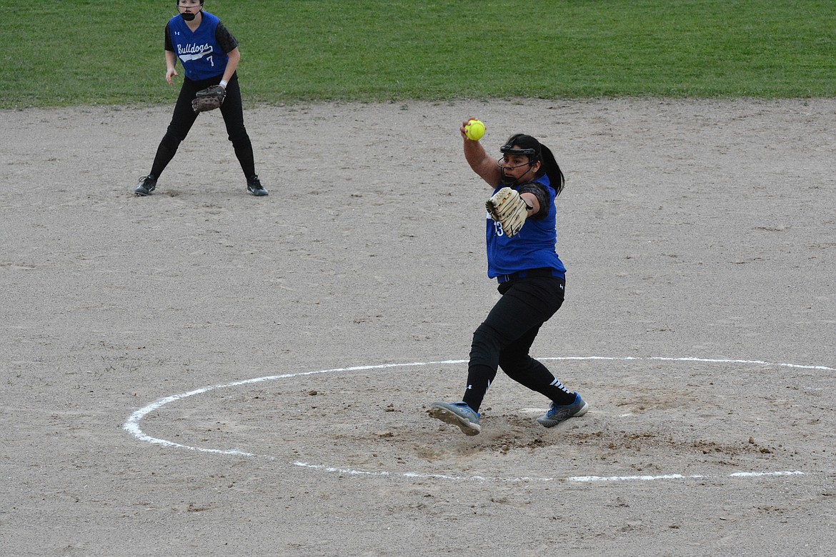 MISSION-ARLEE-CHARLO pitcher Randee Charlo delivers in Thursday afternoon&#146;s action against Florence at Mission High School. (Jason Blasco/Lake County Leader)