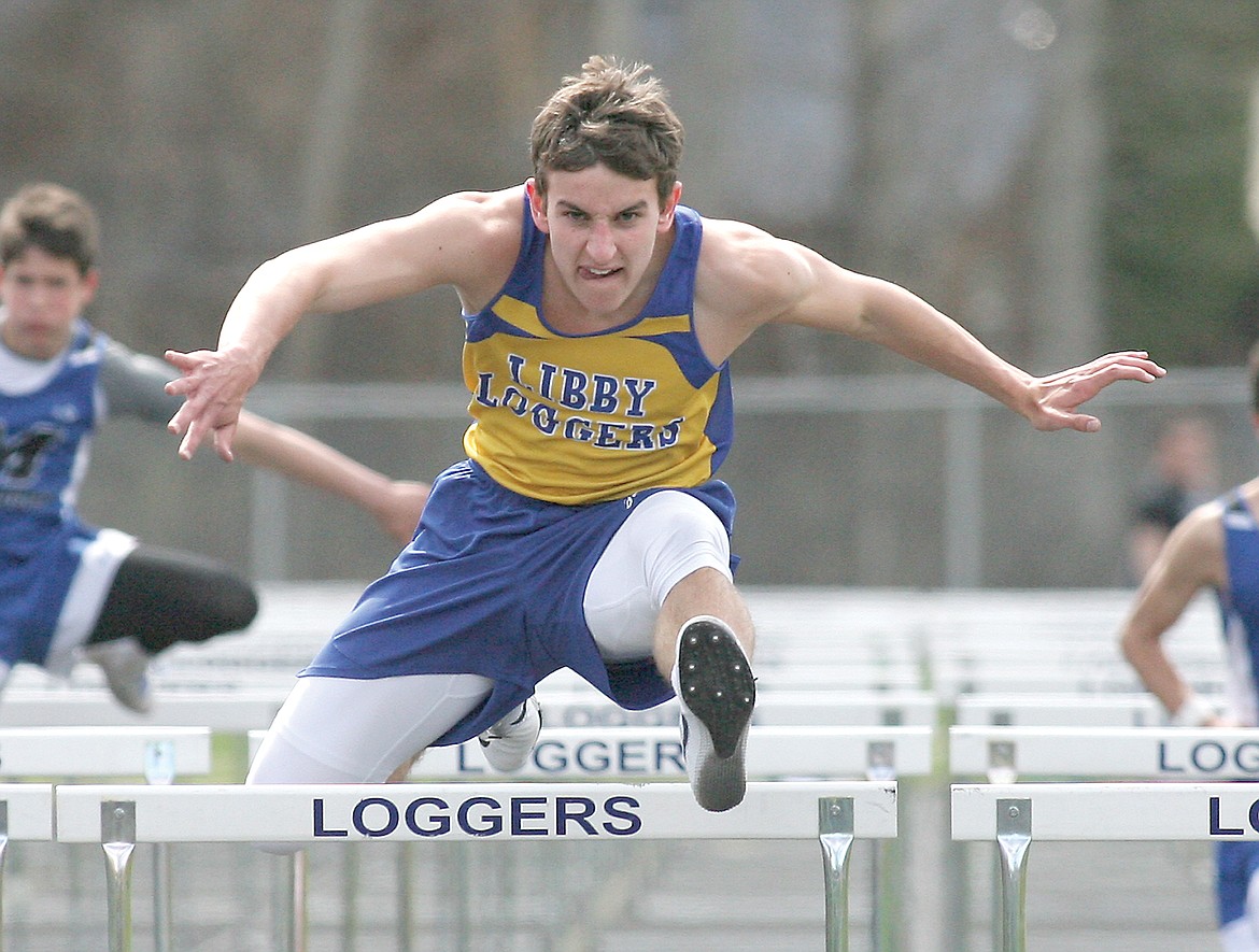 Brian Peck at first place in the 110-meter hurdles with a time of 16.59. Libby Invite April 22. (Paul Sievers/TWN)