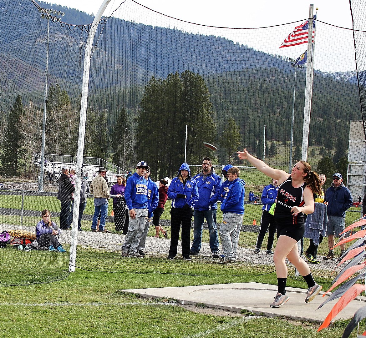 HAILEY COE of Plains lets it fly during the discus event at the Frenchtown track meet this weekend.