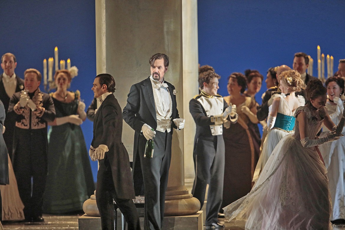 PETER MATTEI (Onegin) sends a glare in a “Eugene Onegin.”
(Ken Howard/Metropolitan Opera)
