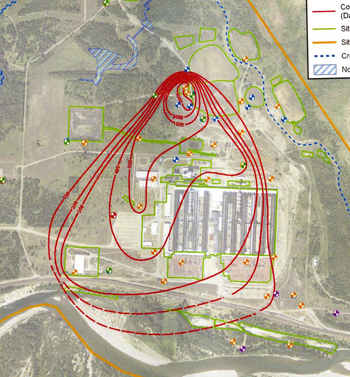 The red lines show a plume of pollution around the CFAC plant. It drops dramatically in concentration as it nears the Flathead River, preliminary tests have shown.