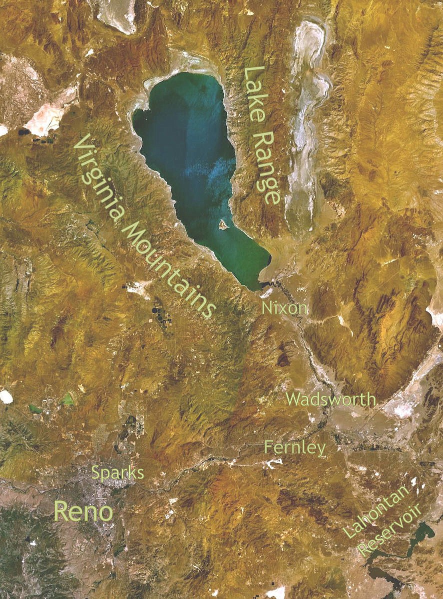 PUBLIC DOMAIN
Satellite view of Pyramid Lake area in Nevada where Paiute War battles were fought.