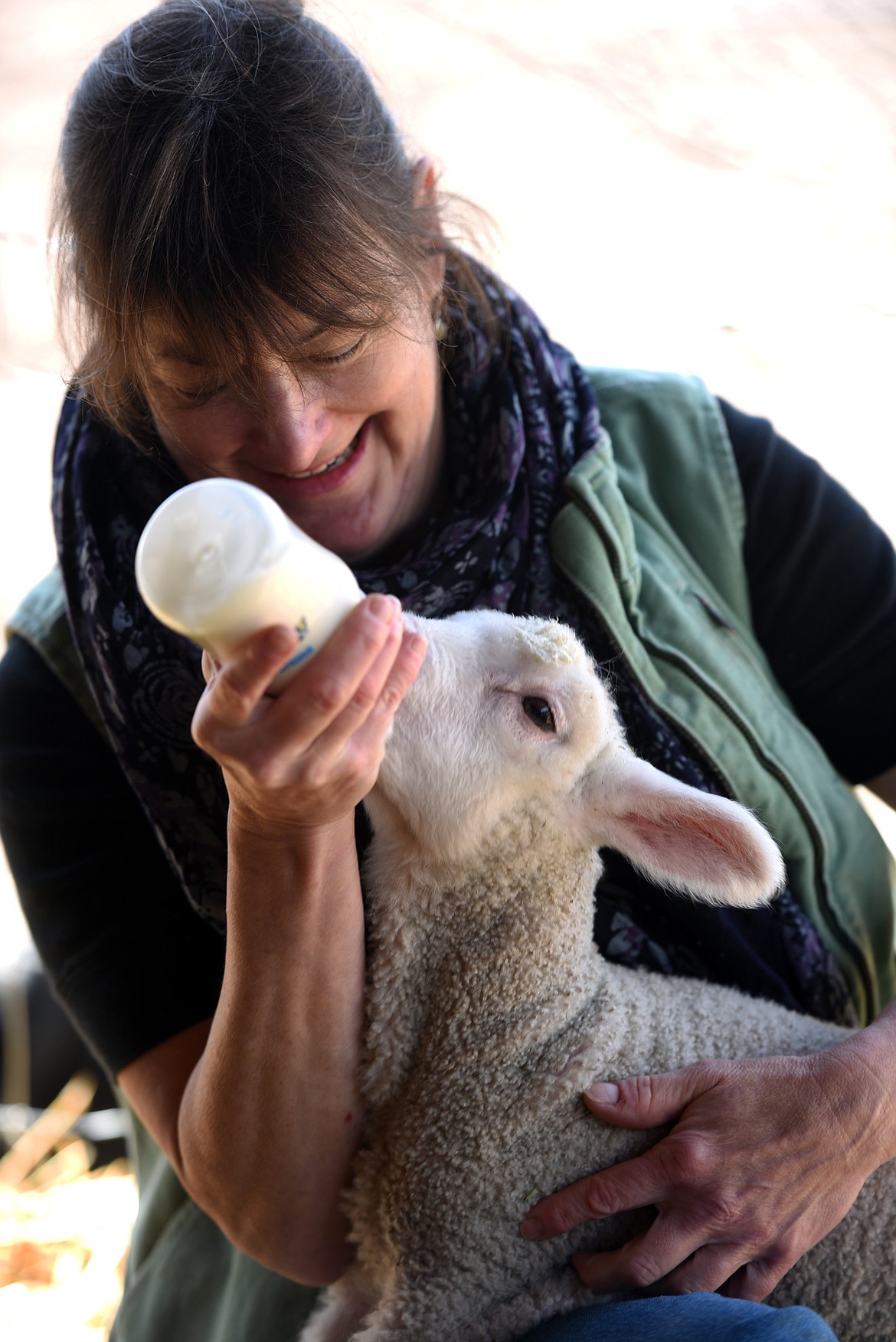 Susan Waite of EarthStar Farm bottle feeds a lamb.