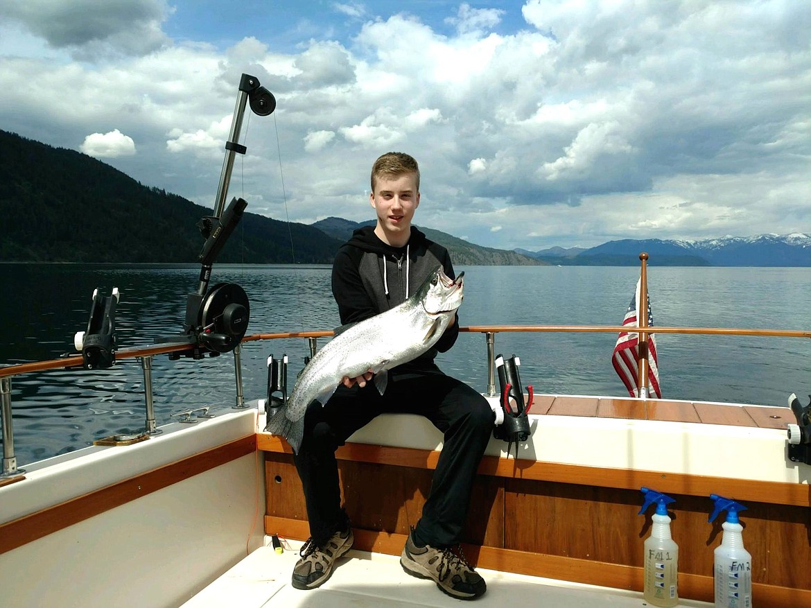 (Photo courtesy LAKE PEND OREILLE IDAHO CLUB)
Dawson Mackay, who sits in second spot in the Junior Division, holds a beauty of a fish he caught in the derby.