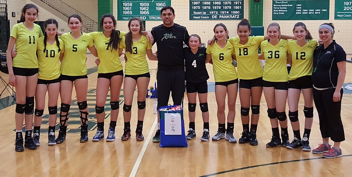 Courtesy photo
The Volei Xtreme under-14 girls volleyball team took second place April 27-28 at the Idaho Classic Super Regional tournament in Boise. Volei defeated the Idaho Crush in pool play, but lost to them in the championship match. From left are Katy Ryan, Abbey Neff, Daphne Carroll, Leyah de Souza, Maya Blake, coach Adriano de Souza, Ellie Carlson, Olivia Cooper, Kyralynn Johnson, Megan Dietz, Berkeley Knight and coach Alyana South.