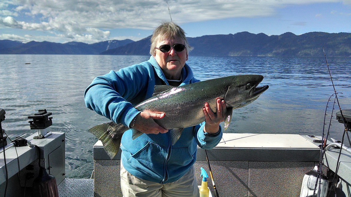 (Courtesy photo)
Lake Pend Oreille Idaho Club president Barb Gillespie briefly holds a 30.5-inch rainbow trout she caught before release the fish back into the lake.