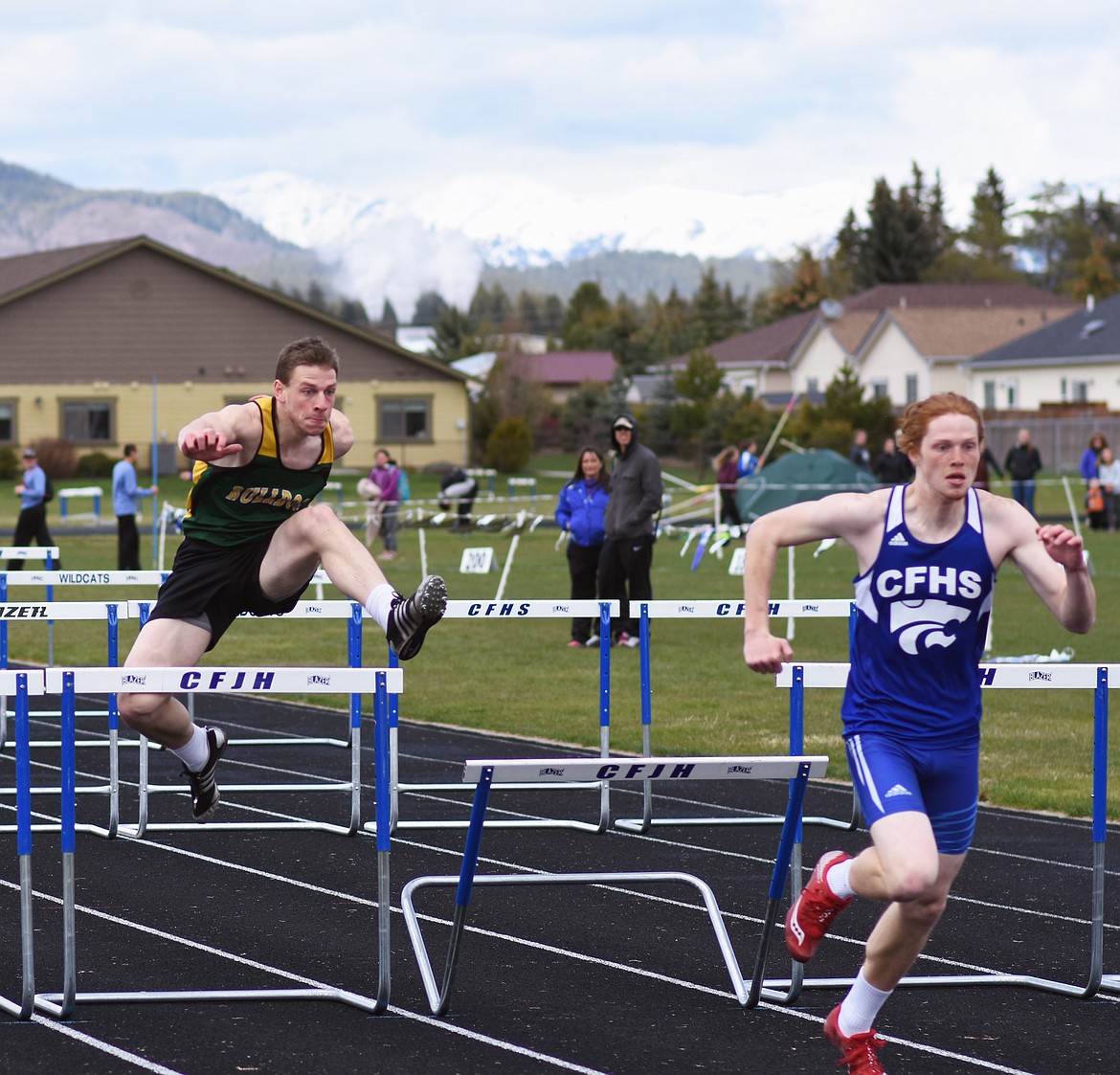 Kanoa Poteet fights toward the finish in the 110 hurdles at Columbia Falls Tuesday.