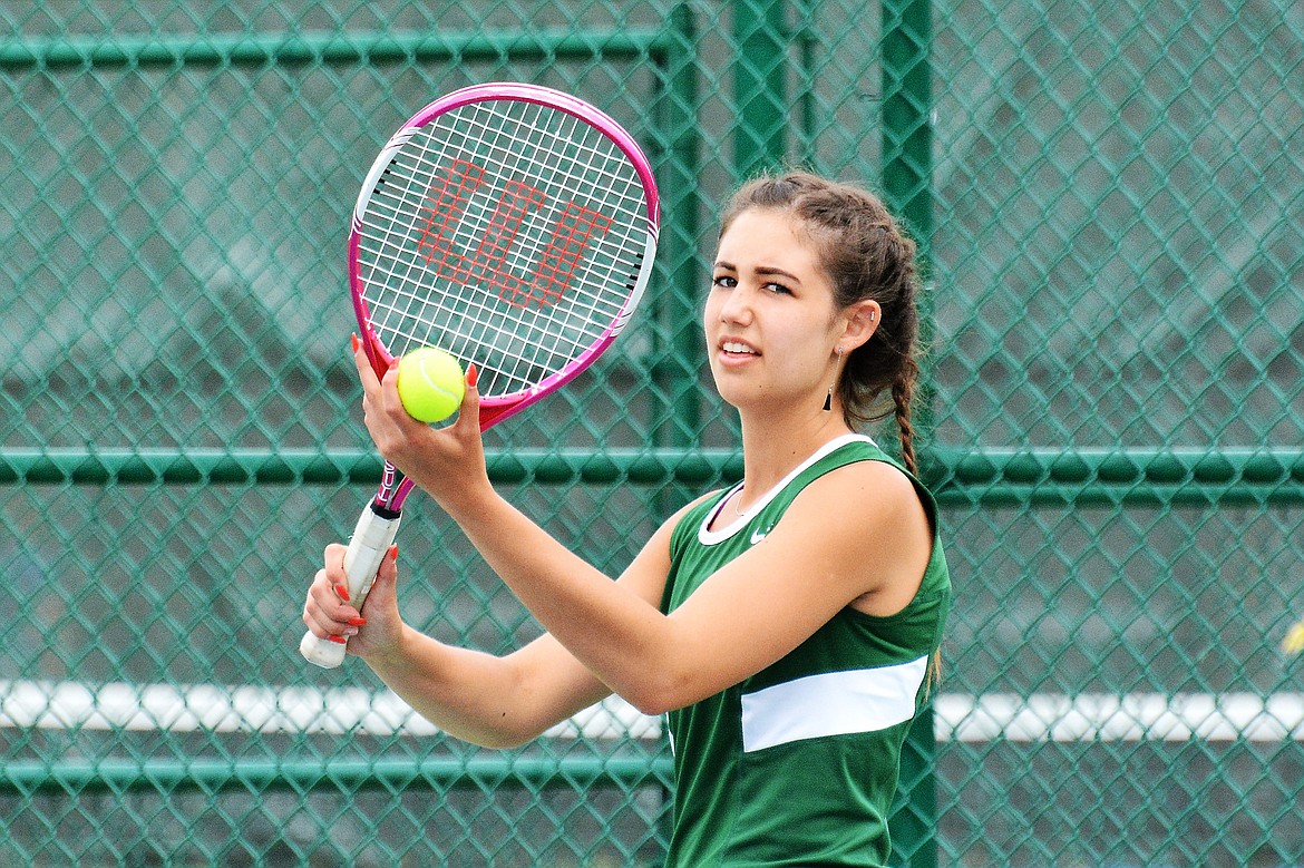 Nina Thew prepares to serve during a match Saturday at Flathead Valley Community College. (Photo courtesy Jeff Doorn)