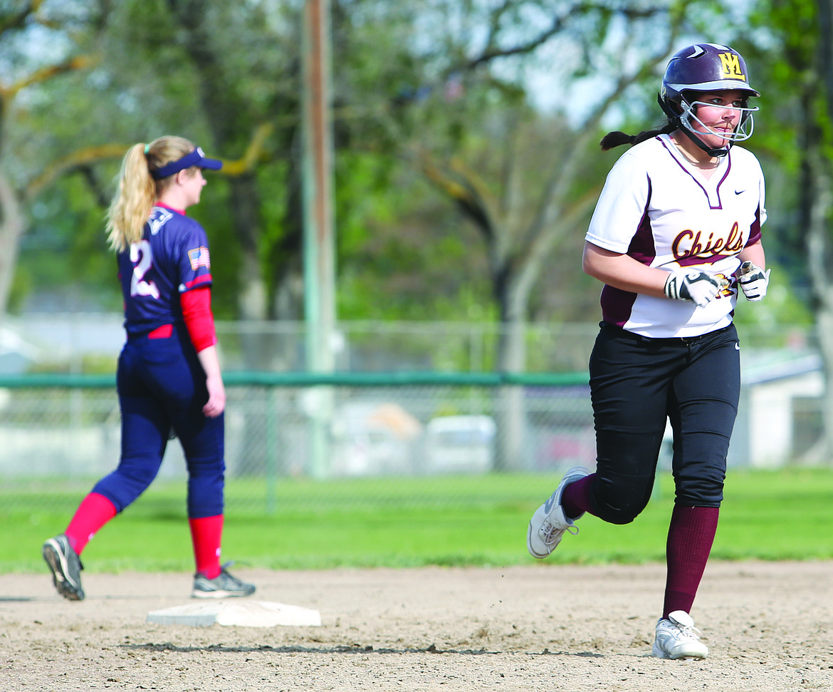 Connor Vanderweyst/Columbia Basin Herald
Moses Lake shortstop Brooke Richardson rounds second base after a fourth-inning home run. Richardson went deep for the fourth game in a row.