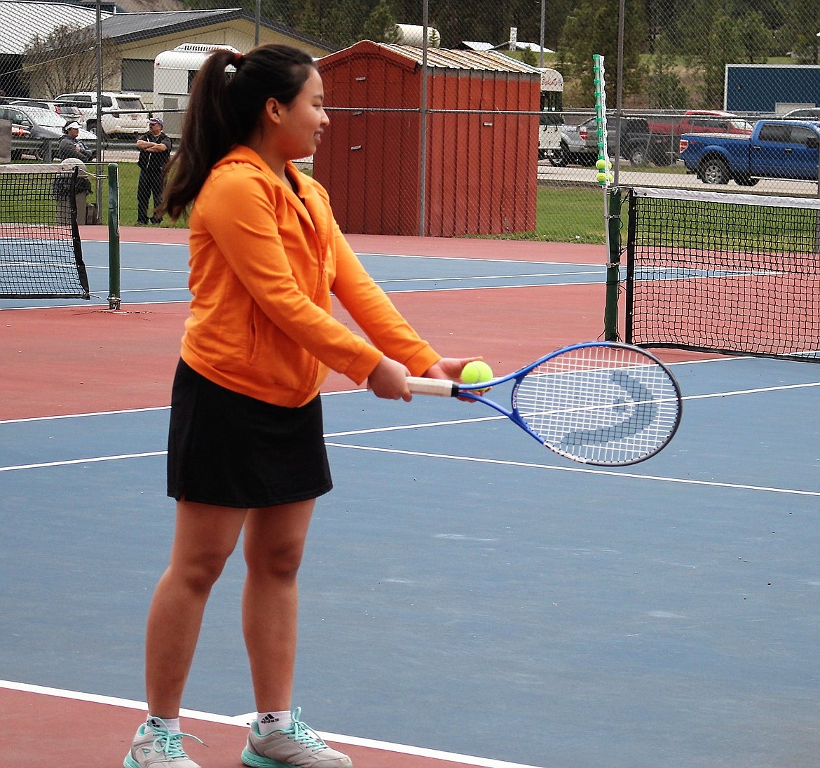 Clark Fork’s Poncshita Prasertsin warms up for a tennis match in Superior earlier this year. She joined her teammates in Ronan for a tennis tournament on April 27. (Kathleen Woodford/Mineral Independent)
