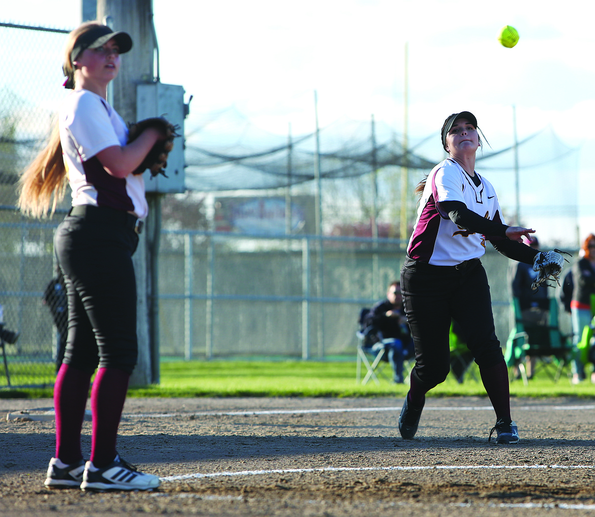 Connor Vanderweyst/Columbia Basin Herald
Moses Lake third baseman Kaylee Valdez throws to first base for an out.