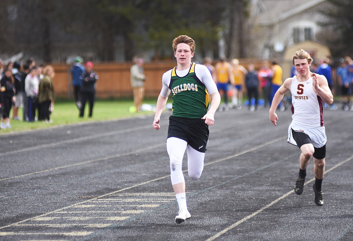 Tyler Cote races toward the 100m dash finish at the A.R.M. Invitational on Saturday. (Daniel McKay photos/Whitefish Pilot)