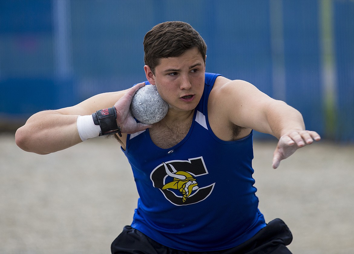 Grady Leonard spins before releasing his shot put in the 5A Region 1 track meet last week at Coeur d&#146;Alene High School. Leonard recorded a throw of 66 feet, 7 inches. 
LOREN BENOIT/Press