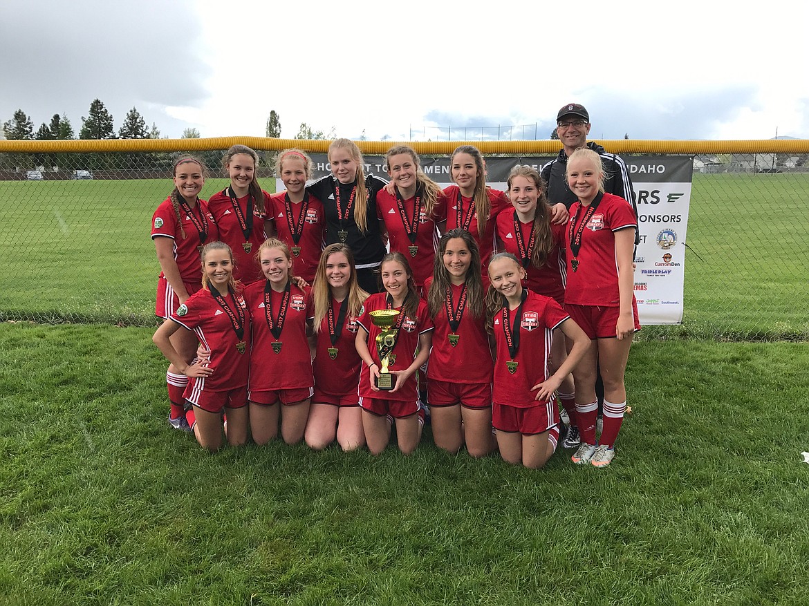 Courtesy photo
The Sting Timbers FC 01 girls soccer team won the under-16 girls division at the Bill Eisenwinter Hot Shot Tournament. The Sting Timbers FC 01G defeated NSC Montana 2001G
6-1. Madison Sorsabal had a hat trick, Hannah Clark scored two goals, Charlotte Henning one. Addie Smart, Hannah Clarke and Madison Sorsabal each had assists. The Sting Timbers beat the Magic City SC White 2001G 6-0, on 2 goals by Madison Sorsabal and 1 each by Punky James, Erika Skidlov, Jordan Roth and Hannah Clarke. Addie Smart, CC Cydell, Hannah Clarke and Jordan Roth had one assist each. In Game 3 the Sting Timbers defeated Meridian United FC 3-0. Hannah Clarke scored two goals, Madison Sorsabal one. Erika Skidlov had two assists, Hannah Clarke one. In the championship game, the Sting Timbers defeated Idaho Rush Nero 2001G 3-1. Madison Sorsabal scored two goals, Jordan Roth one. Hannah Clarke, Megan Corette and Addie Smart each had one assist. In the front row from left are Madison Sorsabal, Hannah Clarke, Jordan Roth, Addie Smart, Courtney Cydell and Erika Skidlov; and back row from left, Breanna &#147;Bre&#148; Torres, Megan Corette, Catherine &#147;Punky&#148; James, Marlee Lambert, Eryn Ducote, Sophia Vietri, Mercedes Zepeda, coach Dan Hogan and Charlotte Henning. Not pictured is Kate Gatten.