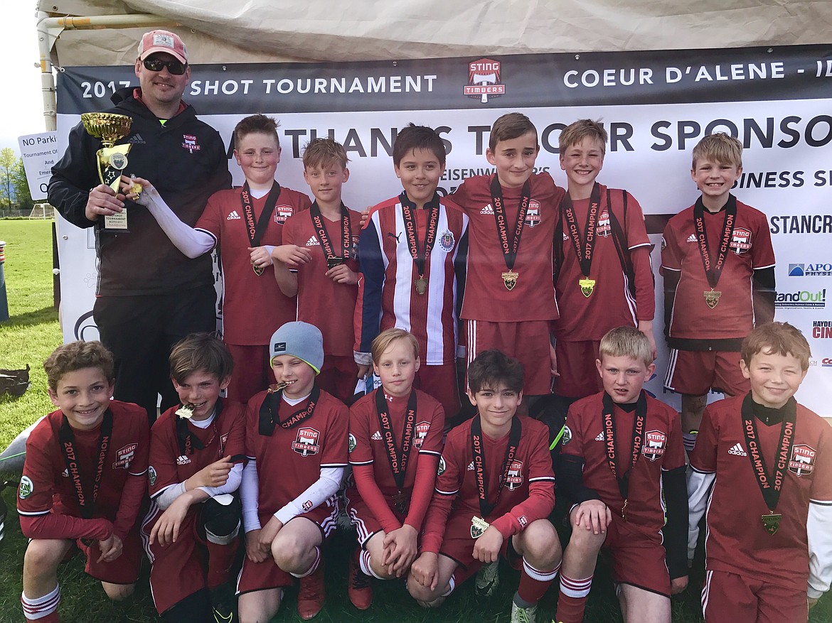 Courtesy photo
The Sting Timbers FC 06 Boys Yellow soccer team won the U11 boys championship at last weekend&#146;s Bill Eisenwinter Hot Shot Tournament. On Friday, the Sting defeated Sting Timbers Boys 06 Green 4-2. Jacob Molina scored 3 goals. Ari Rumpler had a goal and an assist. Gavin Samayoa and Jensen Elliot each had an assist. On Saturday, Sting tied FC Alianza 1-1. Ronan Sternberg scored the goal. Later, Sting beat Sandpoint Strikers FC Kramer 8-0. Jensen Elliot had a hat trick. Kai Delio scored 2 goals. Jacob Molina had one goal and 2 assists. Ronan Sternberg had one goal and an assist. Landon Miller scored a goal. On Sunday, Sting defeated the Missoula Strikers 4-1. Kai Delio and Ronan Sternberg each scored 2 goals. Lachlan May had 2 assists. Jacob Molina had 1 assist. In the championship game Sting defeated Flathead Rapids Black 5-1. Jacob Molina scored 2 goals and had 2 assists. Kai Delio scored 2 goals. Ronan Sternberg scored one goal. Rafael Rubio and Landon Miller teamed in goal throughout the tournament. In the front row from left are Gavin Samayoa, Lachlan May, Harper Barlow, Ronan Sternberg, Ari Rumpler, Evan Misiuk and Greyson Storey; and back row from left, coach JJ Barlow, Jensen Elliot, Landon Miller, Rafael Rubio, Kai Delio, Jacob Molina and Eli Scarola.