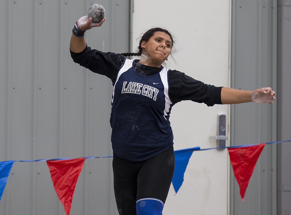 LOREN BENOIT/Press
Lake City High junior Emily Hernandez won the shot put at the 5A Region 1 meet Thursday at Coeur d&#146;Alene High.