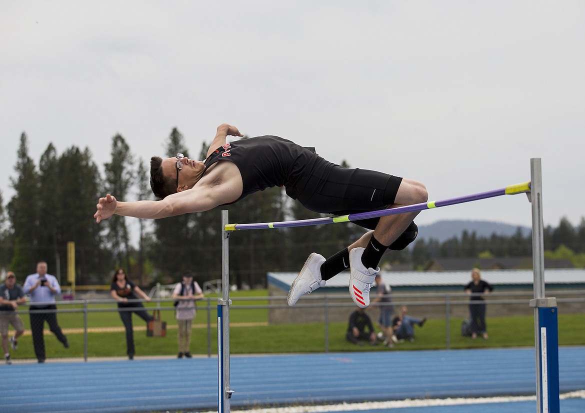 LOREN BENOIT/Press

Tyler Trengove of Post Falls leaps a height of 6 feet 4 inches at districts on Thursday at Coeur d&#146;Alene High School.