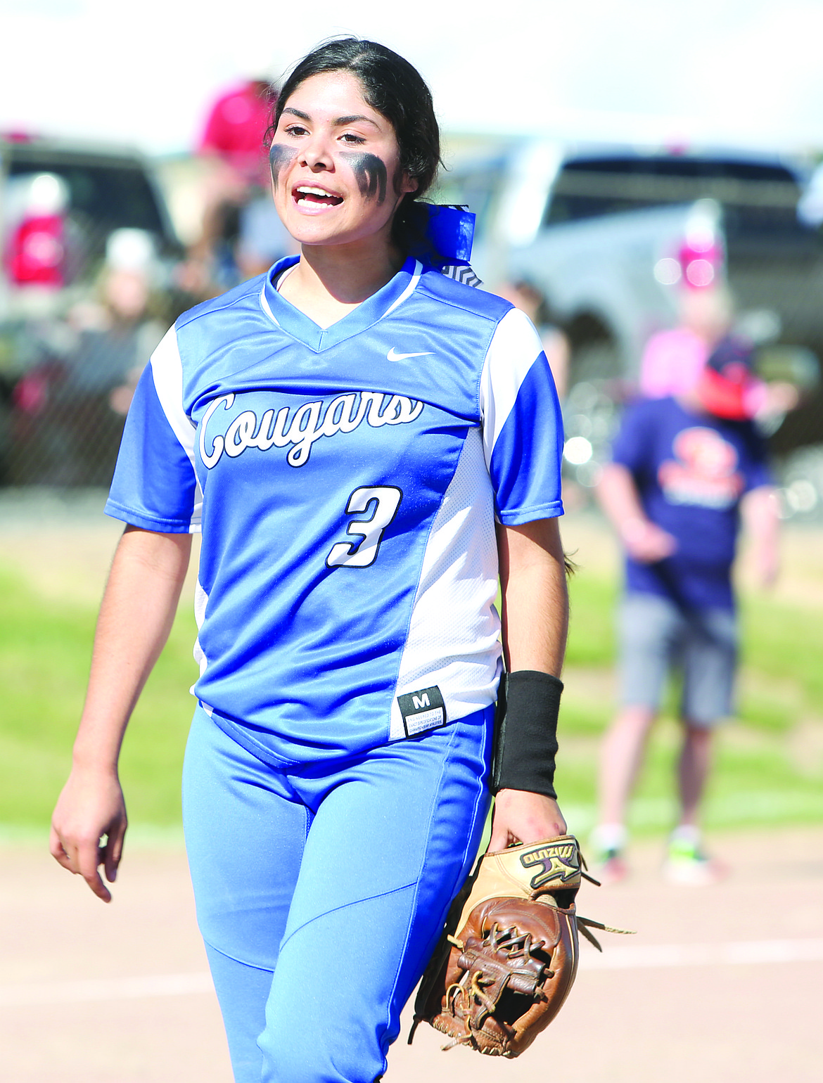 Connor Vanderweyst/Columbia Basin Herald
Warder pitcher Jizelle Pruneda celebrates after an inning-ending strikeout against College Place.