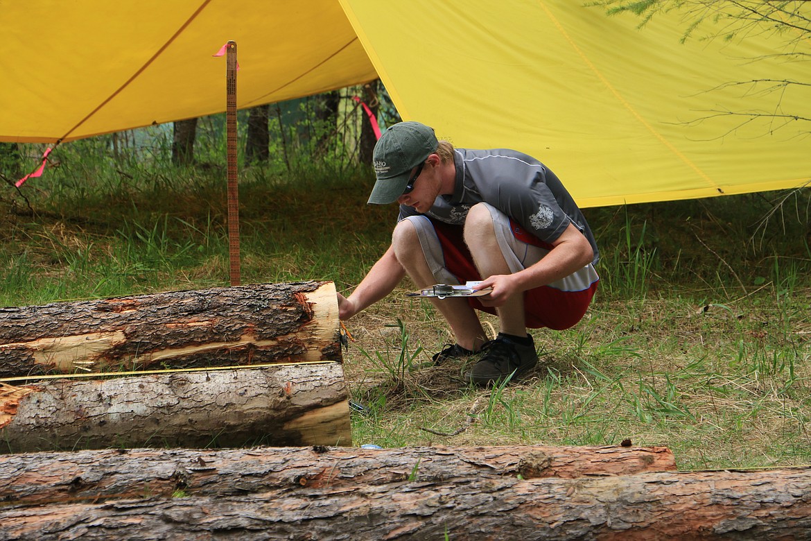 (Photo by MARY MALONE)
Patrick Averett, a junior at Lakeland High School in Rathdrum, measures the length and diameter of a log at the scaling station of the junior/senior division during the 35th annual Idaho State Forestry Contest Thursday in Careywood.