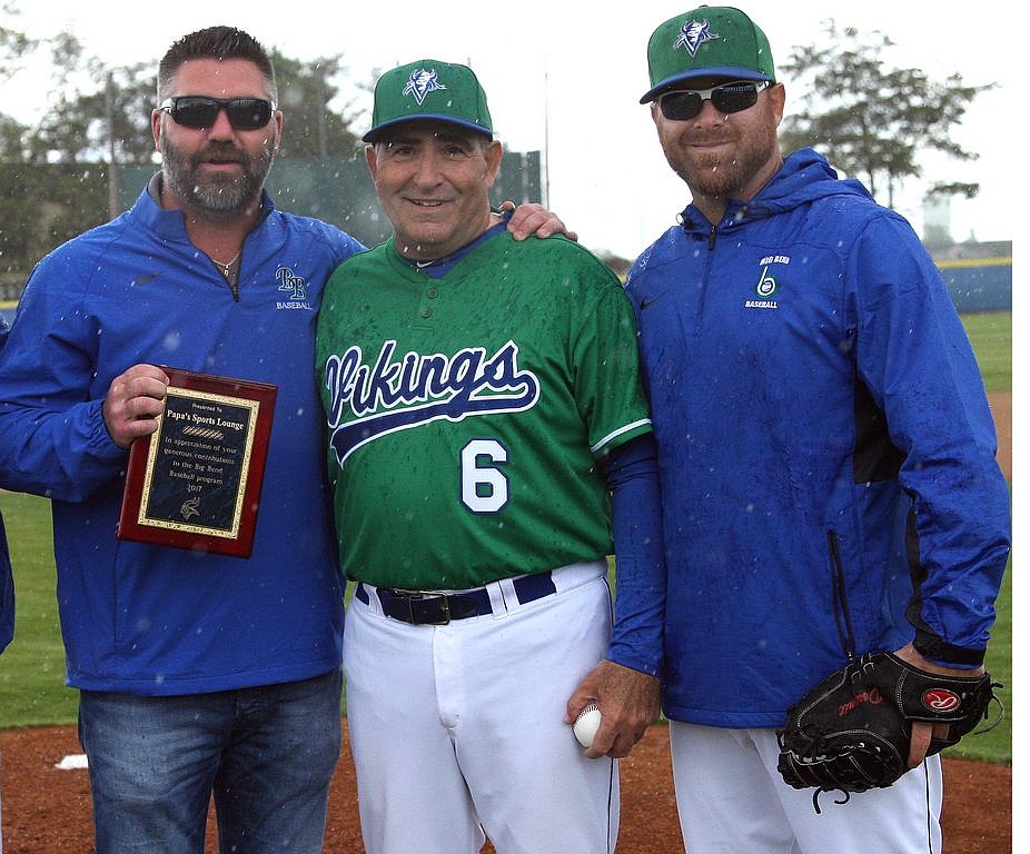 Longtime Moses Lake baseball coach Pete Doumit (6) coached his final game on Saturday at Big Bend Community College, wrapping up a 45-year career with a sweep over Blue Mountain. He was joined on the mound by BJ Garbe and son Ryan Doumit.