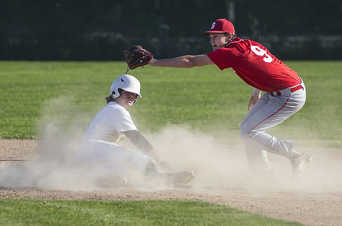 LISA JAMES/Press
Max Baker of Lakeland looks back after sliding safely into second base as Caleb Edlund of Sandpoint catches the throw during their 4A Region 1 baseball championship game at Lakeland High School on Wednesday.