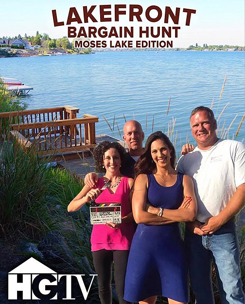 Courtesy photo
Real estate broker April Adams (foreground, in blue dress) her clients Dean and Maura Moore (left and second from left) and the town of Moses Lake were featured in a recent episode of an HGTV series.