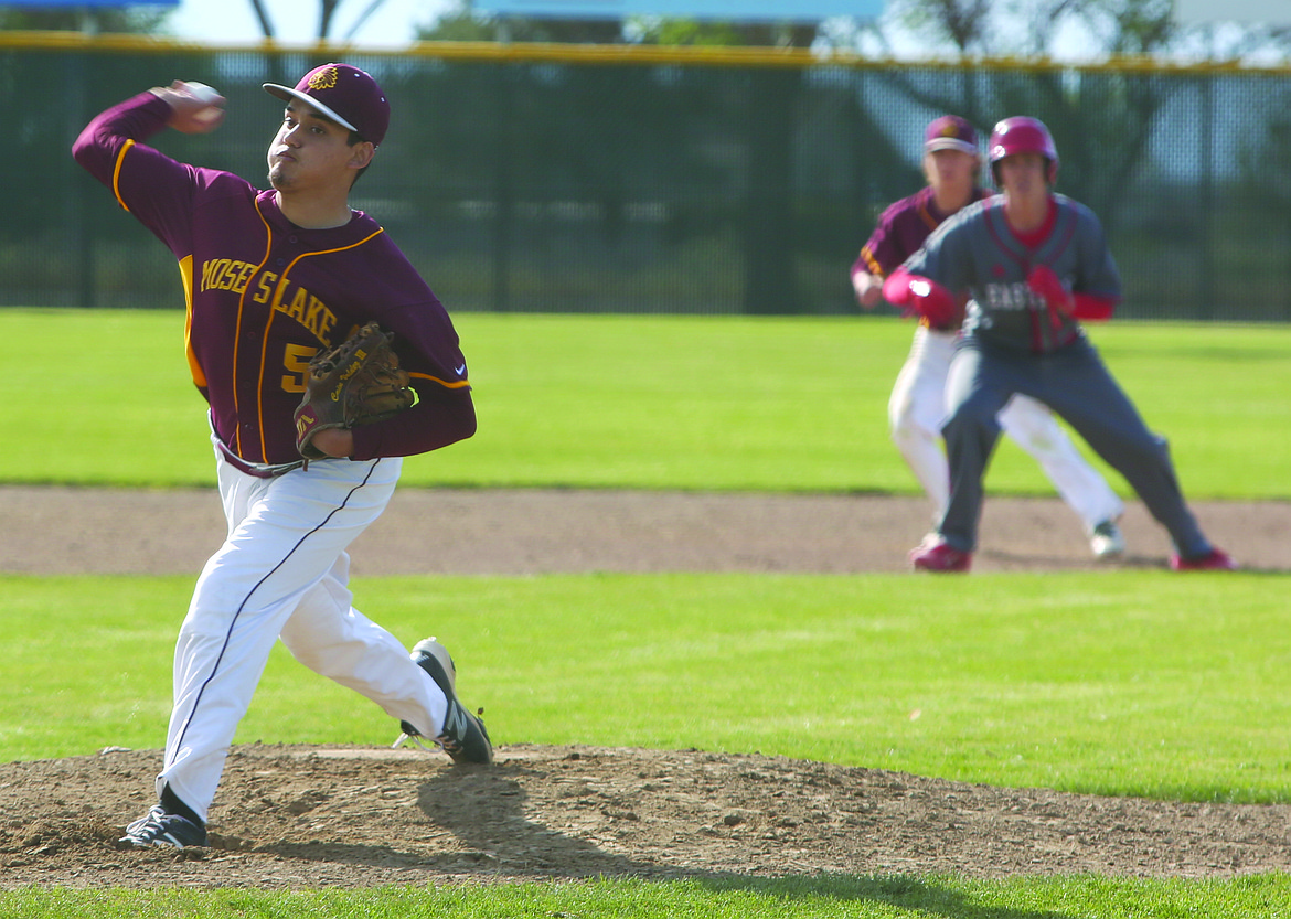 Connor Vanderweyst/Columbia Basin Herald
Moses Lake starter Cain Valdez delivers to the plate against Eastmont.