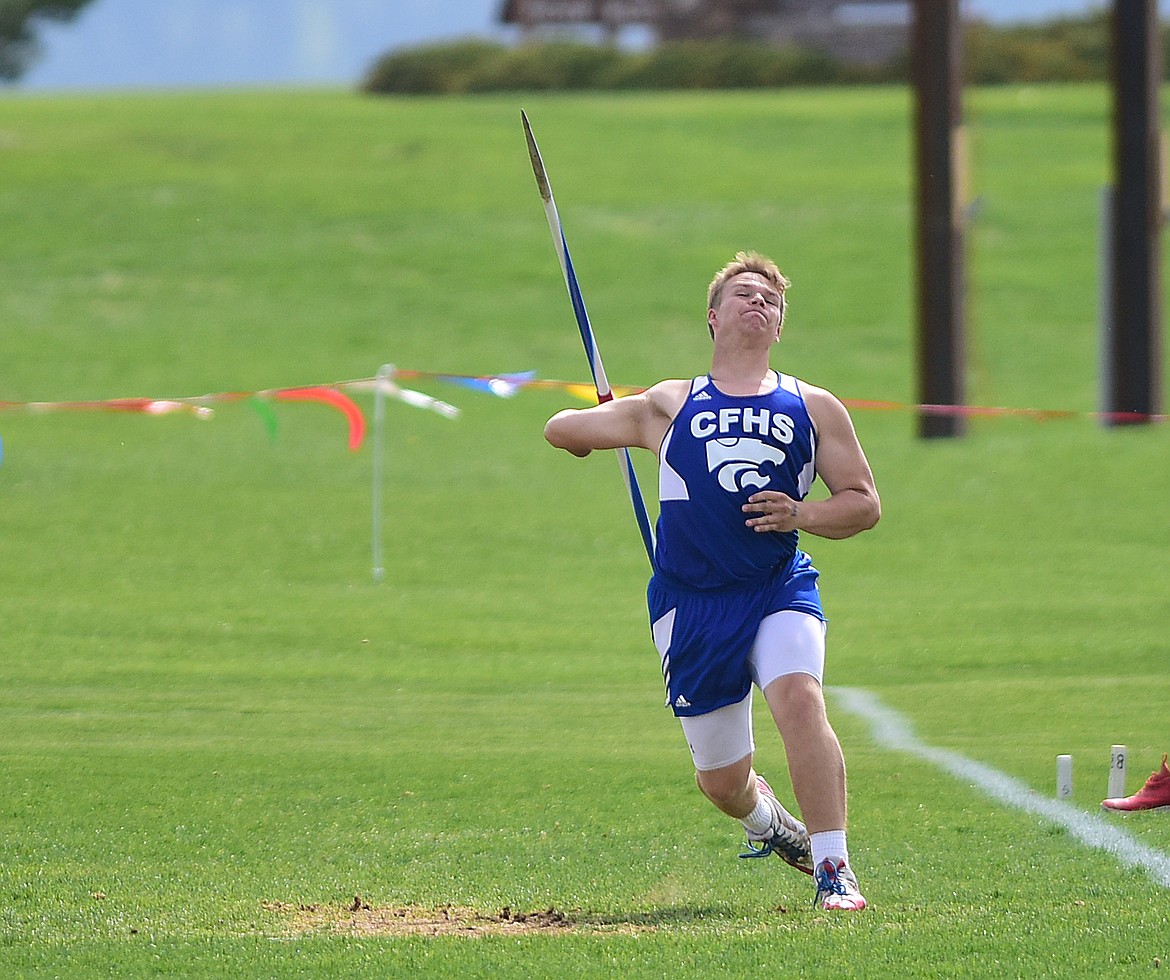 Dakota Bridwell throws the javelin during a dual with Glacier last week.