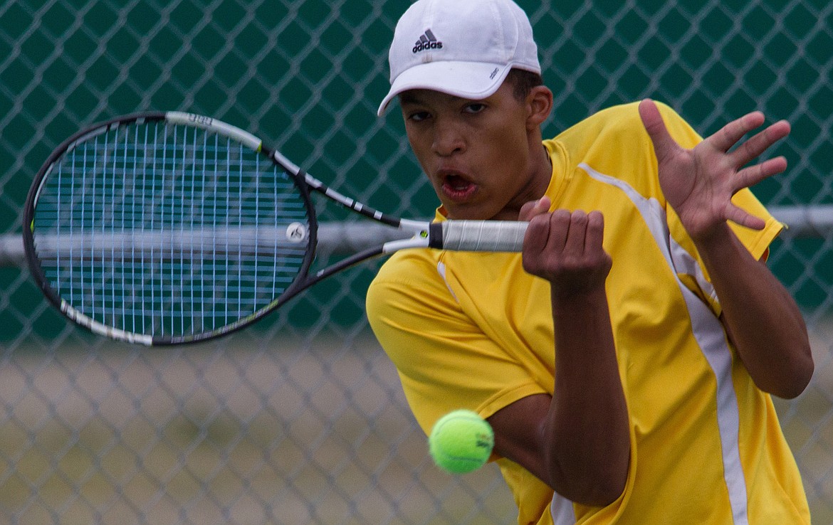 Libby High School&#146;s Jhamaal Sykes competes in a tennis divisional in Libby on Friday. (John Blodgett/The Western News)