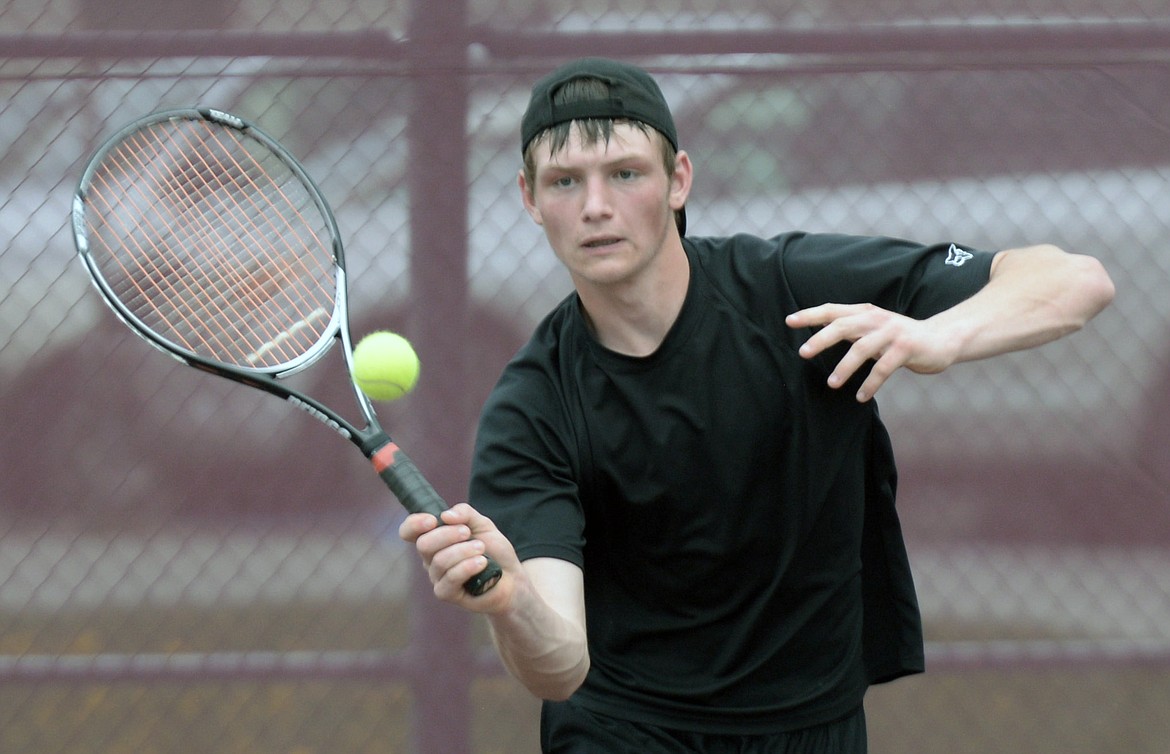 RONAN HIGH School tennis player Bailey Moss returns a forehand in a recent tennis match. The Chiefs will enter the Class B-C Divisionals beginning Thursday at Ronan High School. (photo courtesy of Jim Blow)