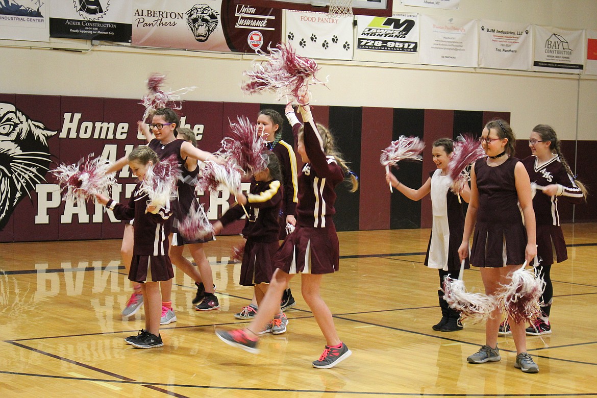 The Alberton Afterschool Program found old school cheerleading uniforms and created a new cheerleading squad and performed at a recent Alberton school assembly. (Kathleen Woodford/Mineral Independent).