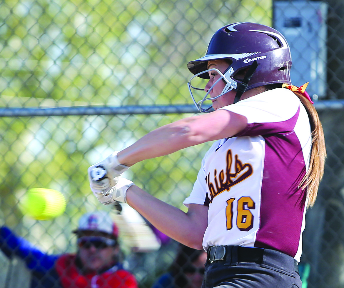 Connor Vanderweyst/Columbia Basin Herald
Moses Lake shortstop Savannah Ashley makes contact against Eastmont.