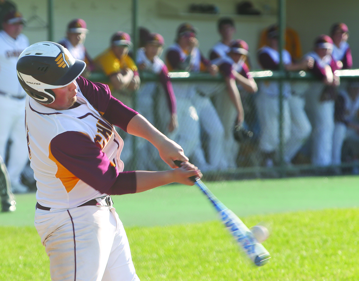 Connor Vanderweyst/Columbia Basin Herald
Moses Lake first baseman Austin Valdez makes contact against Sunnyside.