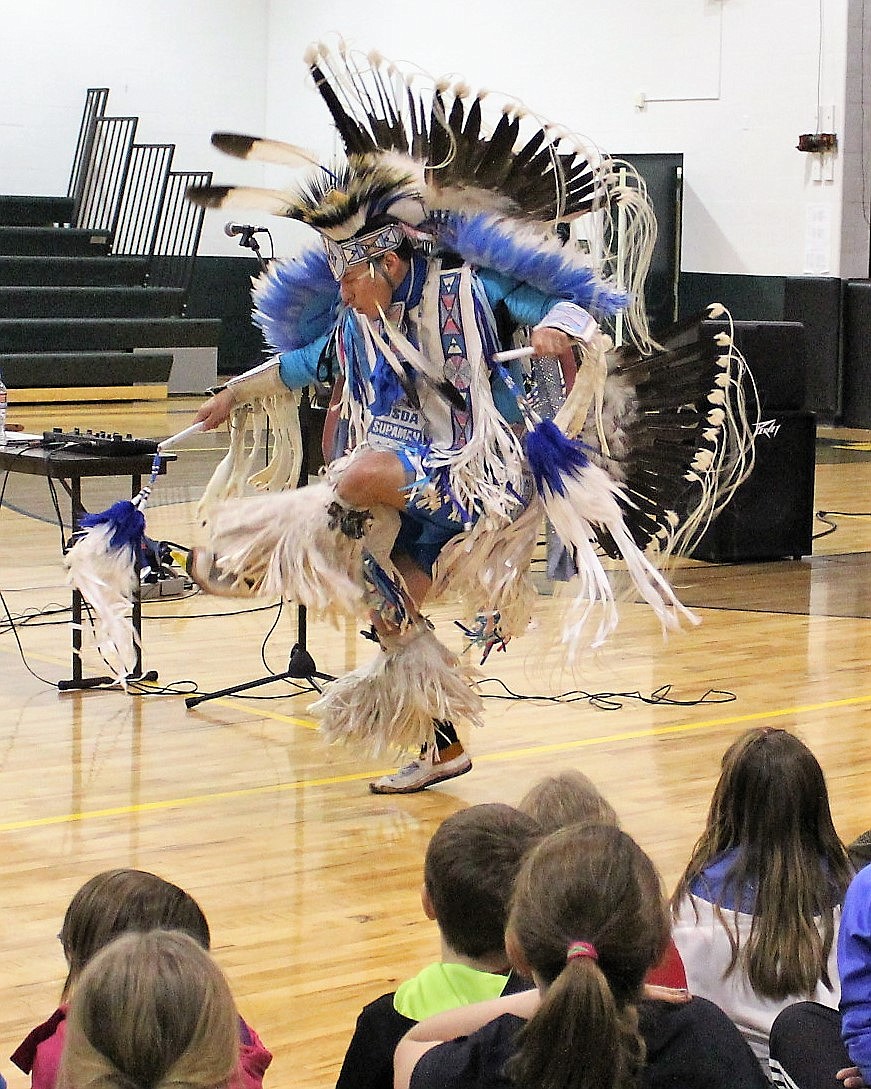 Supaman (aka Christian Parrish Takes the Gun) performs at Alberton School. In addition to combining Hip Hop with traditional Native American music, Supaman is also a motivational speaker.