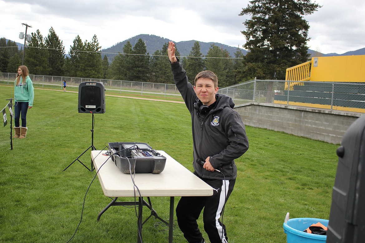 St. Regis Senior, Ebon Jones, played music and was the emcee during the Annual Fun Run in St. Regis on May 2. (Kathleen Woodford/Mineral Independent).