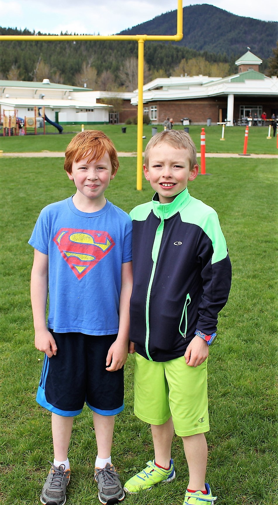 Truman Traeder from Superior and Connor Lulis from St. Regis are both second graders and came in first and second during the 1-mile race during this year&#146;s Fun Run in St. Regis. (Kathleen Woodford/Mineral Independent).