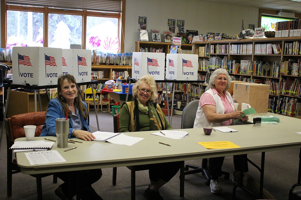 Naomi Stevens, Sharon Kortuem and Sue McLees worked elections at the St. Regis School on May 2 for the school&#146;s tech levy. The levy was defeated by 30 votes. (Kathleen Woodford/Mineral Independent).