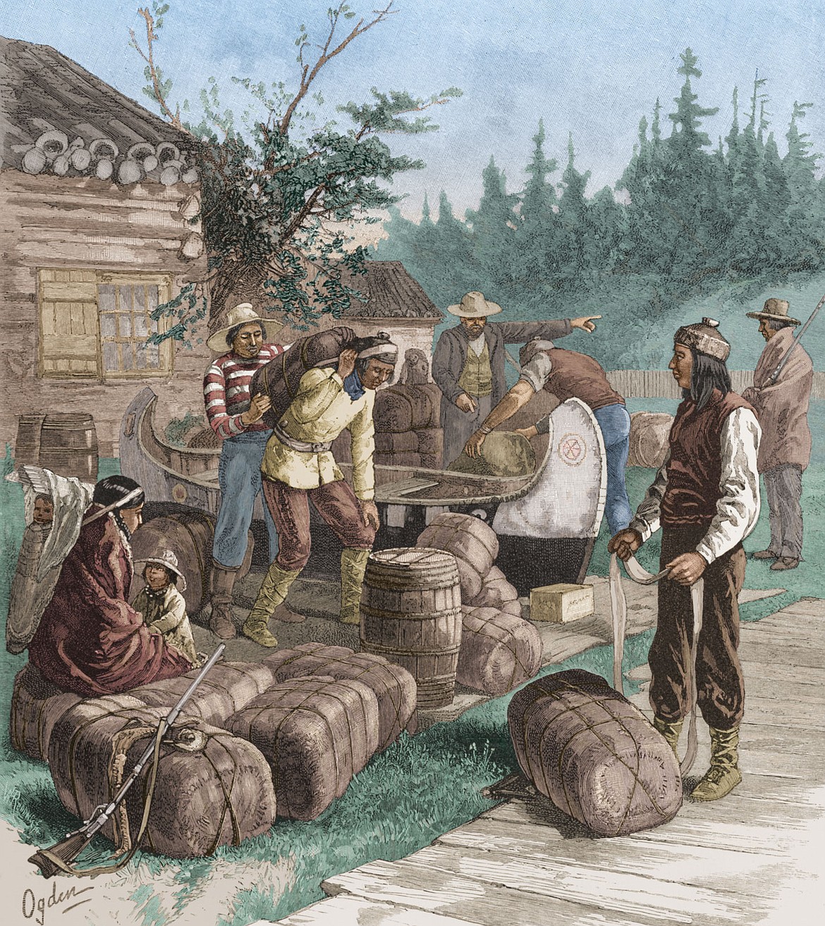 &quot;At the Portage.&quot; Hudson's Bay Company post along the trail to fur country. Canada, 1800's.