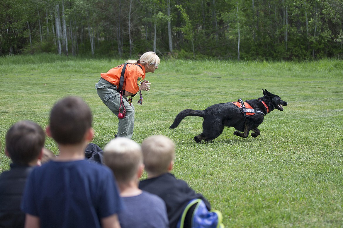 LISA JAMES/PressKootenai County Sheriff's Search and Rescue volunteer Colleen Alton, and her rescue dog Bailey, demonstrate to Ramsey Magnet School of Science second-graders how Bailey finds a lost person by tracking human scent during a demonstration at Hauser Lake on Thursday on how to stay safe in the wilderness. The students were at Hauser Lake to release the rainbow trout they started raising in January into the lake.