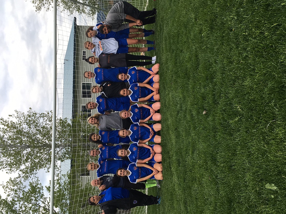 Courtesy photo
The North Idaho Inferno FC Briseno G00 girls soccer team beat the Sandpoint Strikers 4-3 to take first place in the Inter Mountain Premier League. In the front row from left are Gracie Montoya, Sammi Penick, Rickie Colosimo, Alexis Black, Angel Denke and Zoe Potter; and back row from left, coach Maria Briseno, Carley Schacher, Cali Shipman,  Lauryn Keith, Jayden Cusack, Lauren Hoffeld, Sarah Smith, Bella Rebay, Katelyn Jesienouski, Maiya Luna, Georgie Simpson, Bethany Gilmor and coach Ruben Briseno Jr.