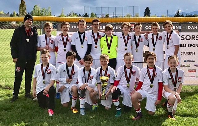 Courtesy photo
The Sting Timbers FC 04 Red boys soccer team took first place in the recent Bill Eisenwinter Hot Shot Tournament with a 4-0 record. The Sting Timbers defeated Moscow United FC 17-0, Helena Arsenal SC Blue 6-0, Missoula Strikers White 9-0 and, in the championship game, they defeated Nelson Soccer Select from Canada, 6-1. In the front row from left are Byron Anderson, Patrick Du, Alex Reyes, Andon Brandt, Tyler Gasper, Joseph Sarkis and Bryce Allred; and back row from left, coach Camron Cutler, Jameson Elliot, Evan Lowder, Jack Shrontz, Talon Mitchell, Alexander Nipp, Kohrt Weber, Noah Janzen, Zak Wenglikowski and Brayden Bengtson.