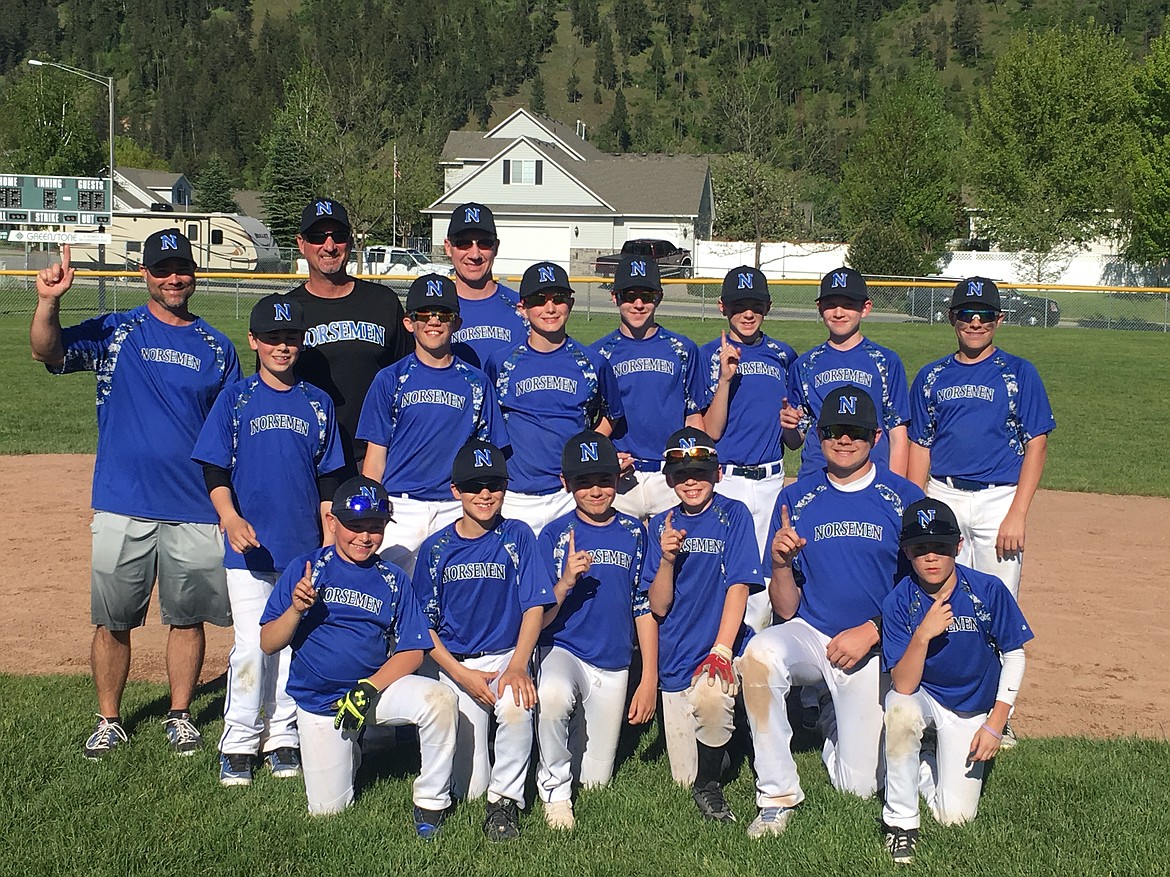 Courtesy photo
The Hayden Norsemen 13-and-under baseball team won the Coeur d'Alene Duck Snort Classic tournament at Canfield Sports Complex last weekend. In the front row from left are Colin Cherny, Conner Reeves, Logan Markowski, Jesse Brown, Camdyn Martindale and Brayden Ross; and back row from left, coach Robert Ross, Bryce Hall, coach Rick Brown, Eric Bumbaugh, coach Tom Smart, Colton Farrar, Caden Sampsel, Trevor Cogley, Elliot Smart and Calvin Carroll.