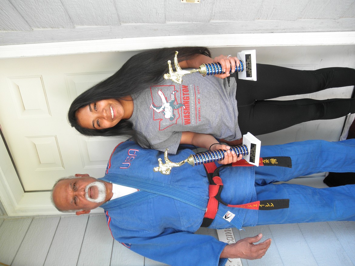 Courtesy photo
Raji Singh, right, from Goshinjitsu Martial Arts School in Hayden placed second in Kumite division and third in Kata Division at Lilac City Karate Championship in Spokane on May 20. Pictured with her is Head Instructor Bijay Singh.