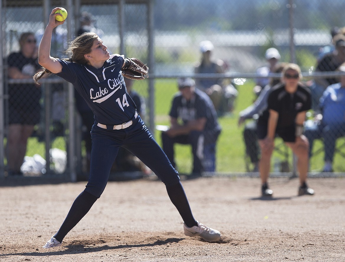 LISA JAMES/PressAshley Kaufman of Lake City pitches during their second game of the 5A State Championship against Eagle at Coeur D'Alene High School on Sunday.