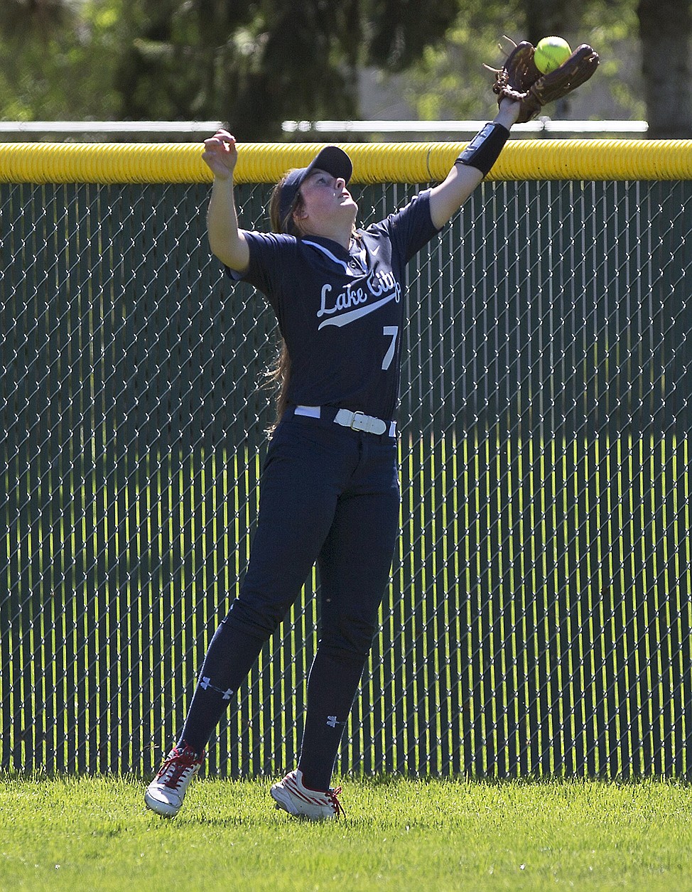 LISA JAMES/Press
Center fielder Emma Gray of Lake City catches a fly ball late in their first game of the 5A state softball championship against Eagle at Coeur d&#146;Alene High School on Sunday. Lake City began and ended the day with a loss to Eagle to claim second place.